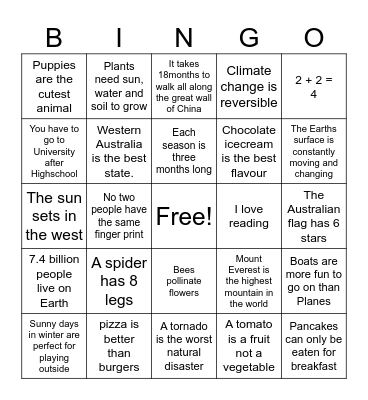 Fact or Opinion Bingo Card