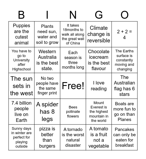 Fact or Opinion Bingo Card