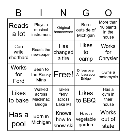 NEIGHBORHOOD BINGO Card