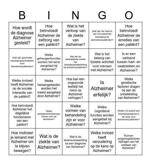 alzheimer Bingo Card