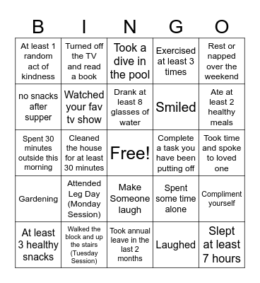 Wellness Bingo Card