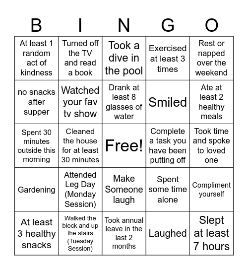 Wellness Bingo Card