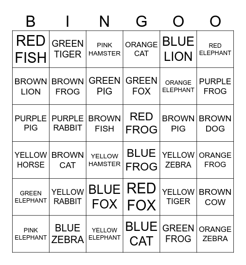 ANIMAL BINGO Card