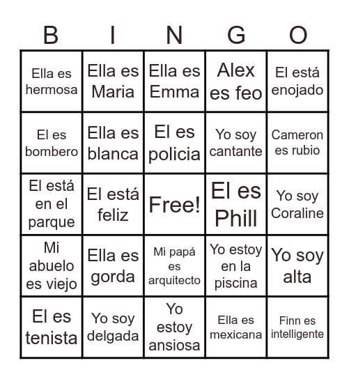 Verbo SER o ESTAR Bingo Card