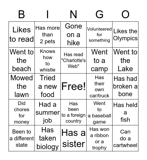 Get to know You Bingo Card