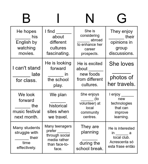 Bingo: Verb Quest Bingo Card