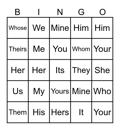 Pronoun Bingo Card