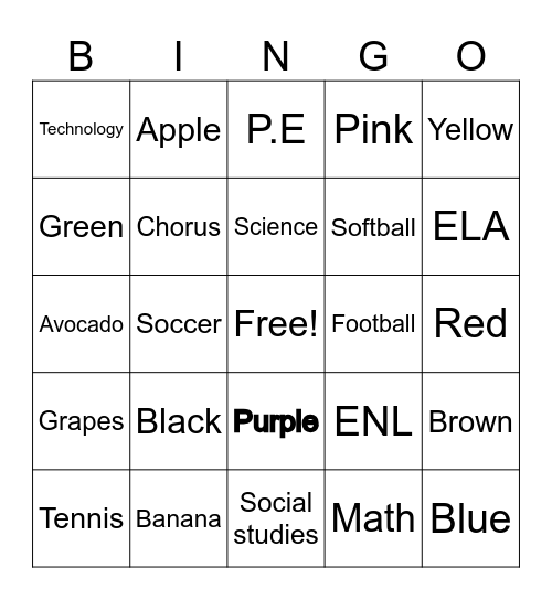 Colors, fruits, sports and subjects Bingo Card