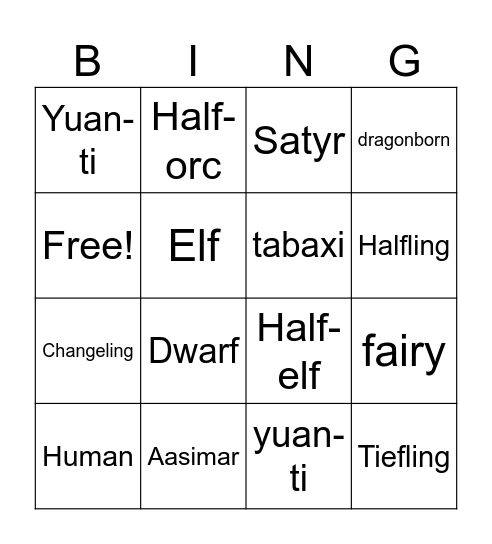 DnD races Bingo Card