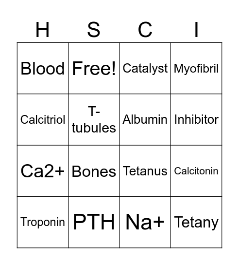 Muscle Contraction Bingo Card