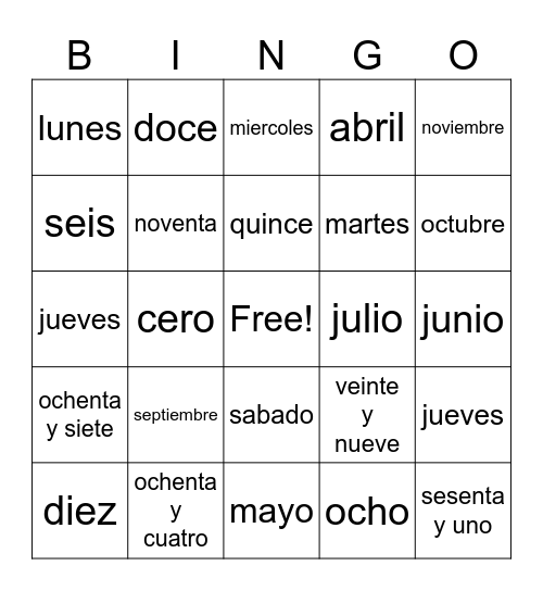Dias, Meses, Numeros Bingo Card