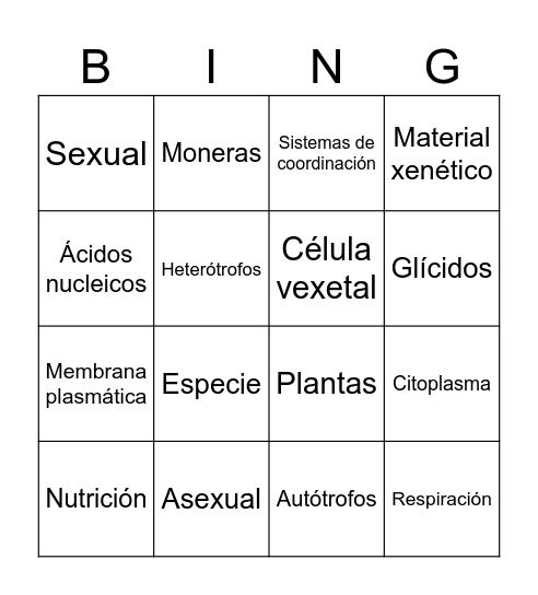 Cousiñas de seres vivos Bingo Card