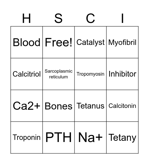 Muscle Contraction Bingo Card