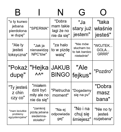 Jakub Bingo Card