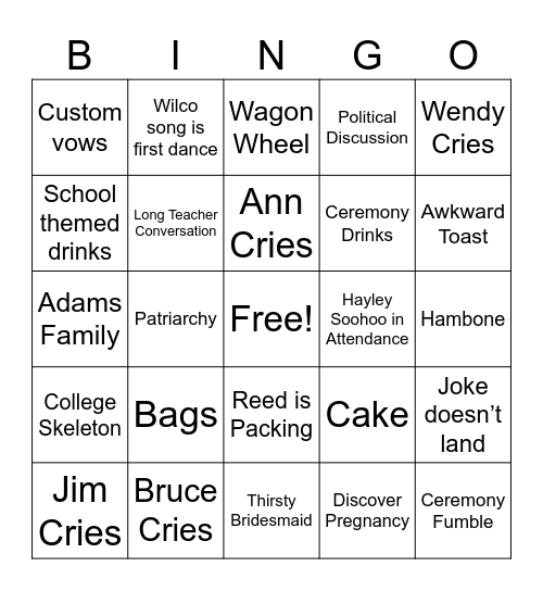 Clay & Caroline Wedding Bingo Card