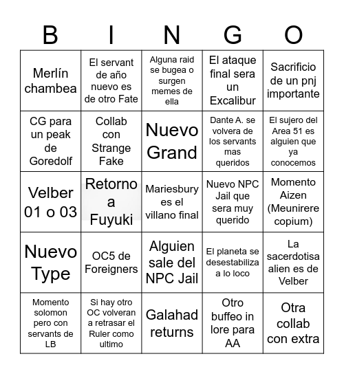 FGO 2025 Bingo Card