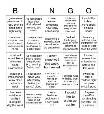 Sleep Hygiene Bingo Card