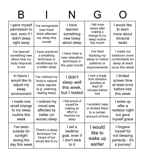 Sleep Hygiene Bingo Card