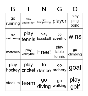 sports and activities Bingo Card