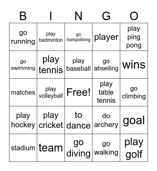 sports and activities Bingo Card