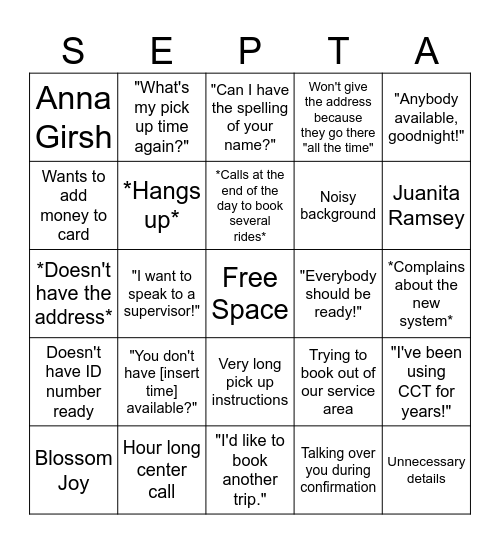 SEPTA ACCESS BINGO Card