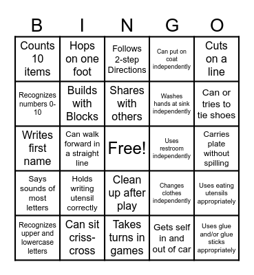 Kindergarten Readiness Bingo Card