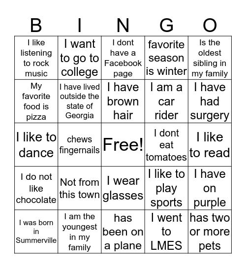 SMS: Get to Know You Bingo Card