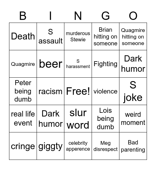 Family Guy Bingo Card