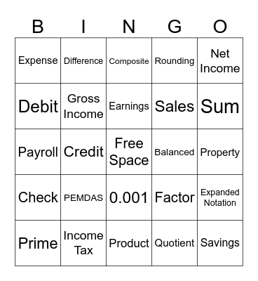 Math Vocabulary Bingo Card