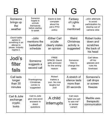 Family Zoom Call Bingo Card