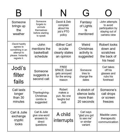 Family Zoom Call Bingo Card