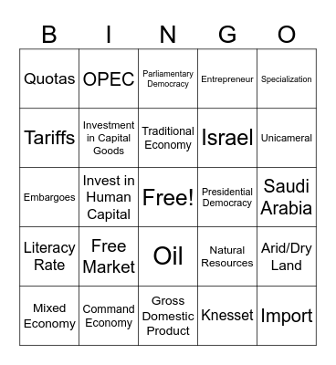 SW Asia  Economy and Government Review Bingo Card