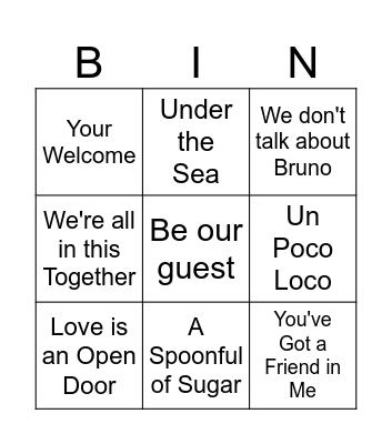 Disney Rock n' Roll Bingo Card