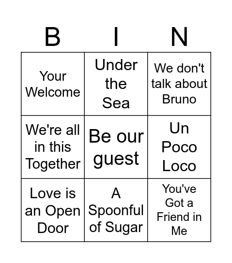 Disney Rock n' Roll Bingo Card