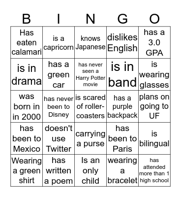 Getting to Know You Bingo Card
