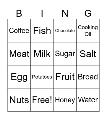 Bread Chocolate Coffee Egg Fish Fruit Honey Meat Milk Nuts Cooking Oil Potatoes Salt Sugar Water Bingo Card