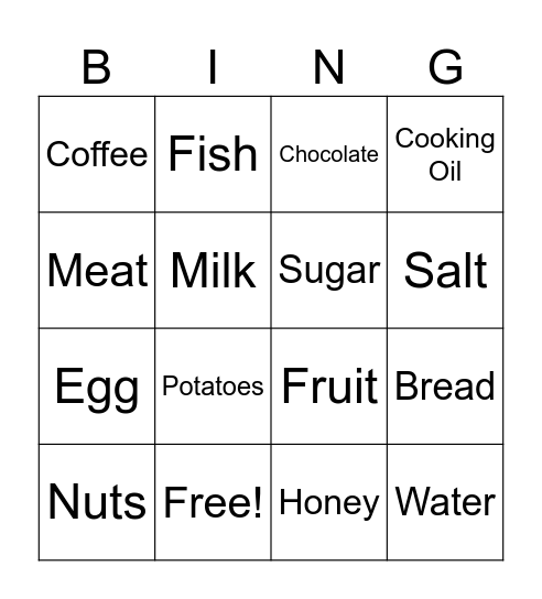 Bread Chocolate Coffee Egg Fish Fruit Honey Meat Milk Nuts Cooking Oil Potatoes Salt Sugar Water Bingo Card