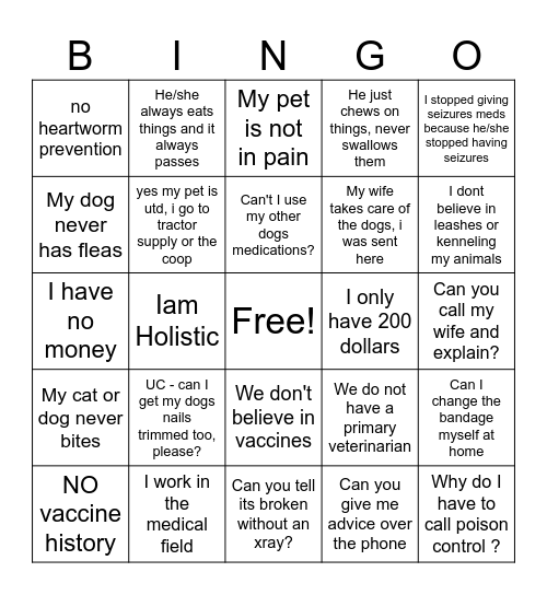 Vet tech week Bingo Card