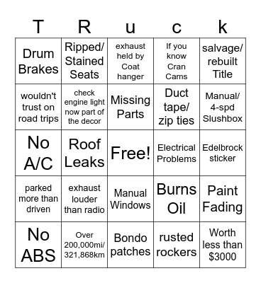 Truck Bingo Card