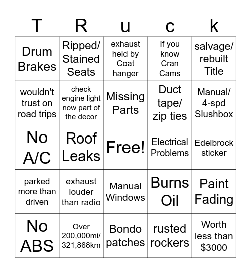 Truck Bingo Card