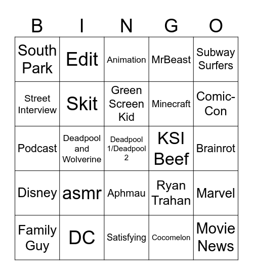 YouTube Shorts Bingo (Inspired by DuckyDee) Bingo Card