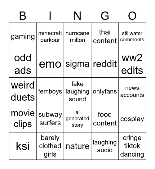 tiktok Bingo Card