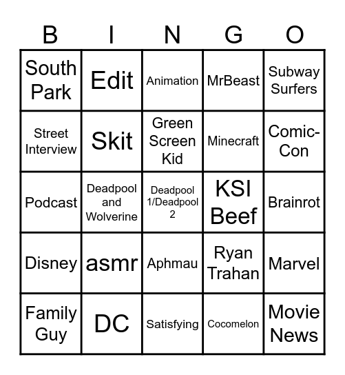 YouTube Shorts Bingo (Inspired by DuckyDee) Bingo Card