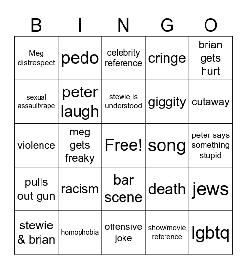 family guy Bingo Card