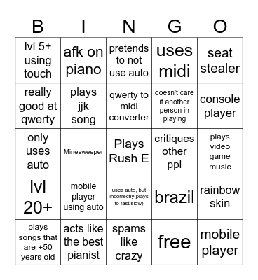 Roblox Piano Rooms(must be on piano) Bingo Card