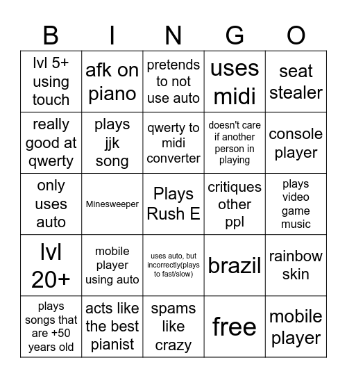 Roblox Piano Rooms(must be on piano) Bingo Card