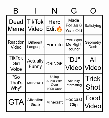 YouTube Shorts Bingo Card