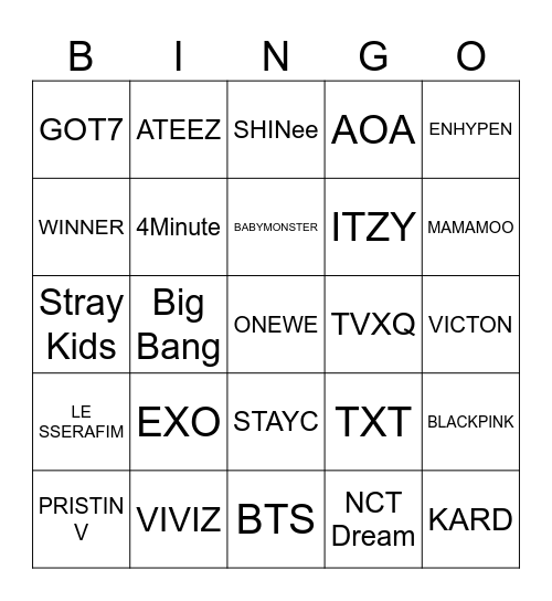 Kpop Group Bingo Card