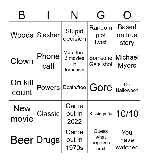 Horror movie bingo Card