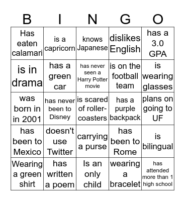 Getting to Know You Bingo Card